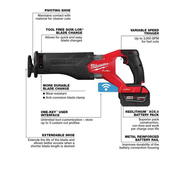 M18 FUEL&trade; SAWZALL&reg; Recip Saw with ONE-KEY&trade; - 2 Battery XC5.0 Kit image number 1