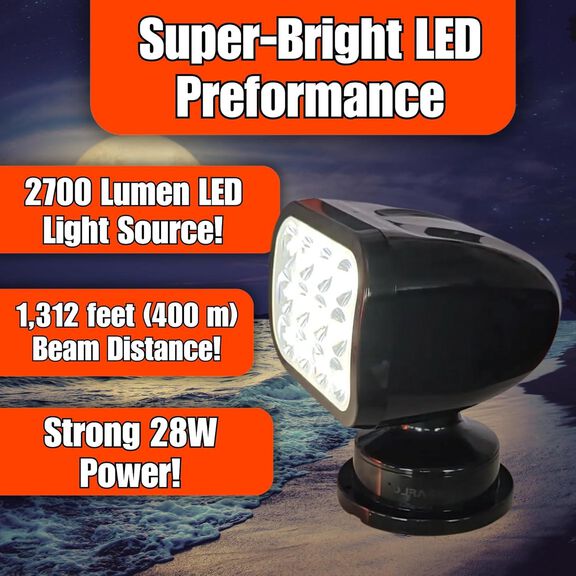 SEAFLO 360&deg; Rotating Remote Control LED Searchlight, 10-30V DC, 2700 Lumens, Wired Remote, Black image number 3