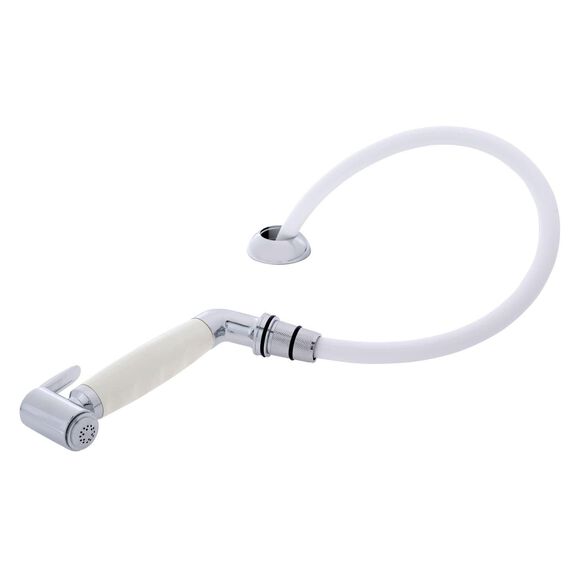 Deck-Mount Sprayer Hammer-Head Warm White Sprayer w/Elbow, 6' White Rubber Hose, Elite Holder image number 1