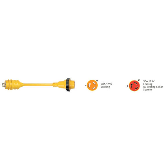 Marinco Shore Power Pigtail Adapter, 20 Amp 125V Male to 30 Amp 125V Female image number 2