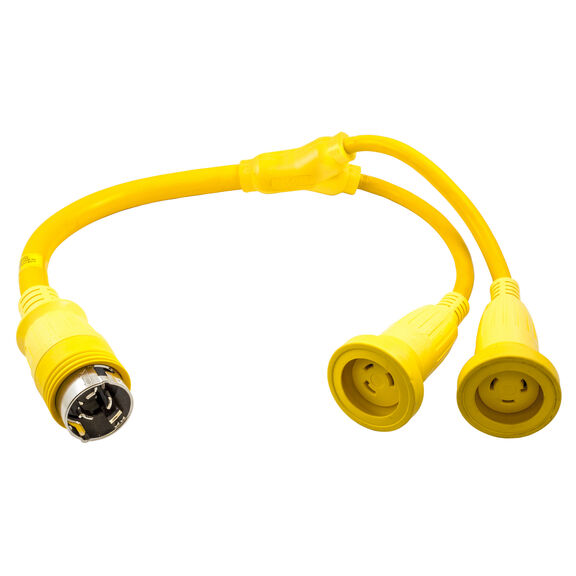 Adapter, Marine Adapter, Molded &ldquo;Y&ldquo;, 2) 30A 125V Locking Connectors to 50A 125V, Locking Plug, Yellow image number 0