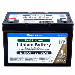 Group 27 Lithium Iron Phosphate Dual Purpose Battery, 12V 80Ah, ABYC Certified