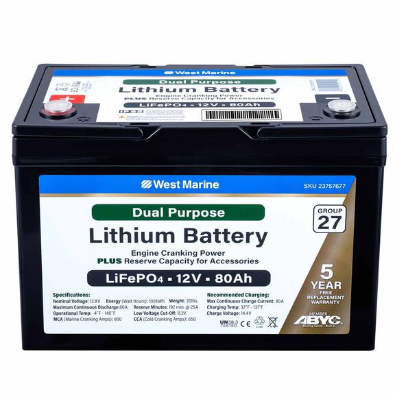 Group 27 Lithium Iron Phosphate Dual Purpose Battery, 12V 80Ah, ABYC Certified image number 0