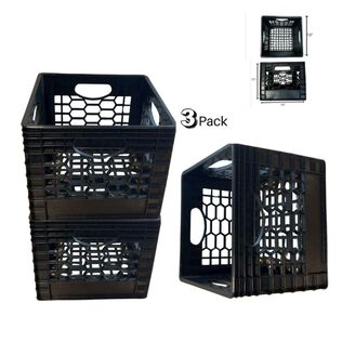 16 Quart Heavy Duty Black Milk Crates for Storage, Organization, 13" x 13" x 11", 3-Pack