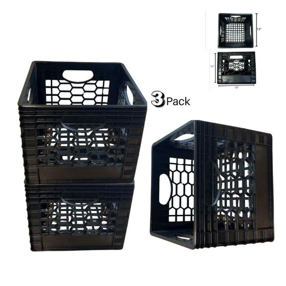 16 Quart Heavy Duty Black Milk Crates for Storage, Organization, 13" x 13" x 11", 3-Pack image number 0