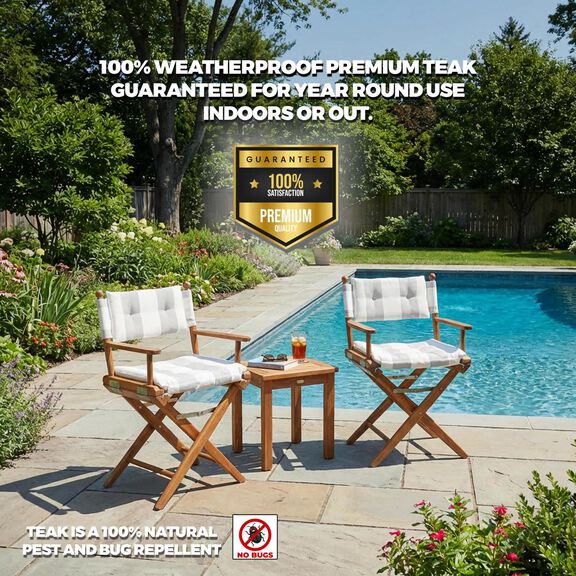 Premium Grade Teak Newport Folding Director's Chair with Solana Seagull Sunbrella&reg; Fabric Seat Cushions image number 2
