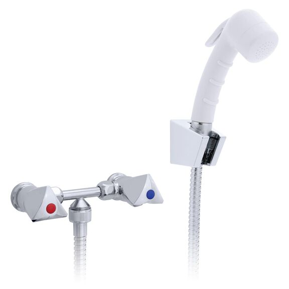 Trinidad 2H External Shower Mixer Small Arctic White Sprayer, 6' Stainless Steel Hose Chrome/Arctic White image number 0