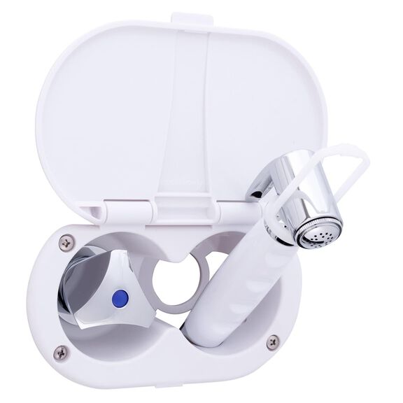 Trinidad Transom Shower Cold Only, Arctic White Cup & Lid, Hammer-Head Arctic White Sprayer, 6' Stainless Steel Hose, Chrome Trinidad Handle image number 1
