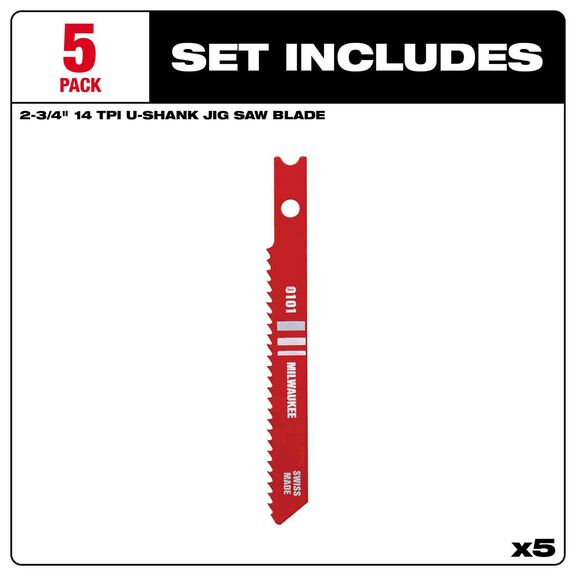 2-3/4" 14TPI U-Shank Metal High Speed Steel Jig Saw Blades, 5 Pack image number 1