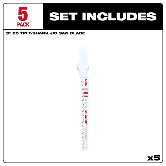 3" 20TPI T-Shank Wood Bi-Metal Jig Saw Blades, 5 Pack image number 2