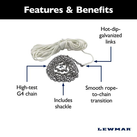 Lewmar Anchor Rode - 15' 5/16" G4 Chain, 300' 5/8" 8-Plait Rope with 3/8" Shackle image number 2
