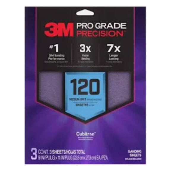 3M Pro Grade Precision Faster Sanding Sheets w/ NO-SLIP GRIP Backing SHR120-PGP-10T, 9" x 11", 120 Gr, 10 Sht/Pk image number 0