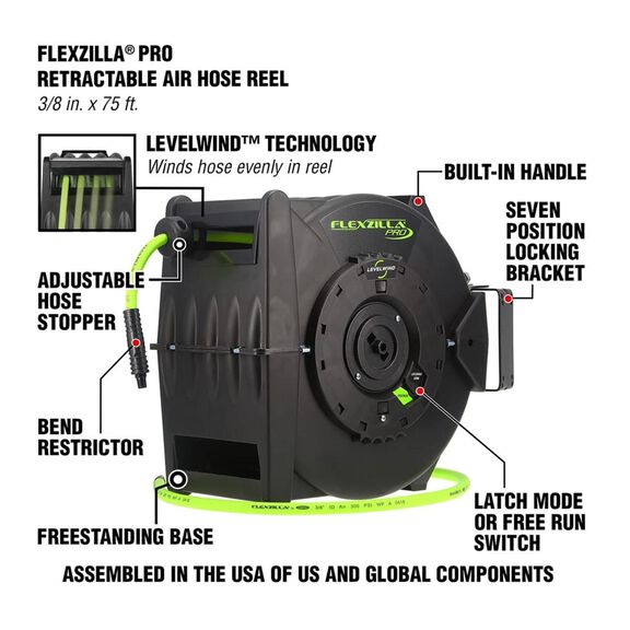 Flexzilla Pro Retractable Air Hose Reel w Levelwind Technology 3/8" 75' image number 2