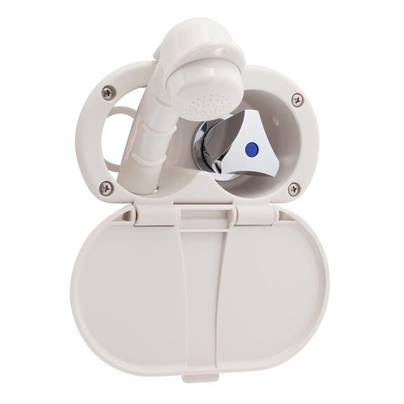 Trinidad Transom Shower Cold Only, Warm White Cup & Lid, Small Warm White Sprayer, 10' White Rubber Hose, Chrome Trinidad Handle image number 0