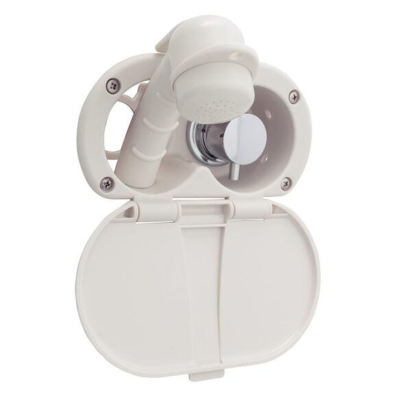 Aidack Transom Shower Hot/Cold Mixer, Warm White Cup & Lid, Small Warm White Sprayer, 10' White Rubber Hose, Chrome Aidack Handle image number 0