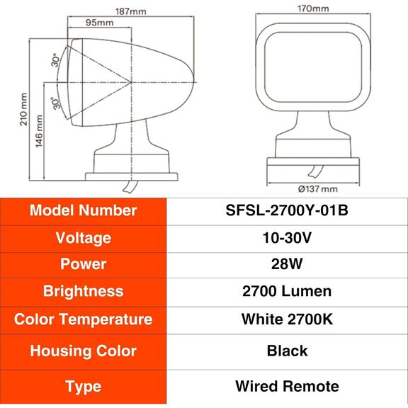SEAFLO 360&deg; Rotating Remote Control LED Searchlight, 10-30V DC, 2700 Lumens, Wired Remote, Black, 2700K image number 6