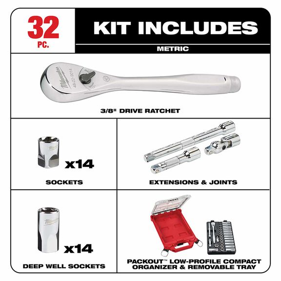 3/8" 32 Pc. Metric Ratchet and Socket Set in PACKOUT&trade; Organizer image number 1