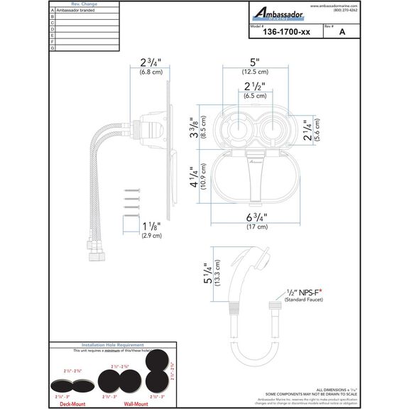 Aidack Transom Shower Hot/Cold Mixer, Chrome Cup & Lid, Small Chrome Sprayer, 6' White Rubber Hose, Chrome Aidack Handle image number 3