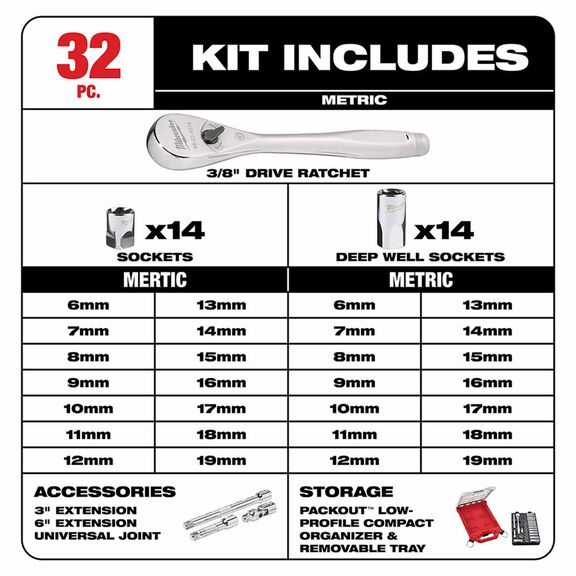 3/8" 32 Pc. Metric Ratchet and Socket Set in PACKOUT&trade; Organizer image number 4