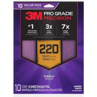 3M Pro Grade Precision Faster Sanding Sheets w/ NO-SLIP GRIP Backing SHR220-PGP-3T, 9" x 11", 220 Gr, 3 St/Pk