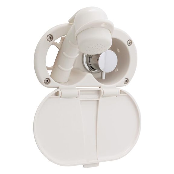 Aidack Transom Shower Hot/Cold Mixer, Warm White Cup & Lid, Small Warm White Sprayer, 6' White Rubber Hose, Chrome Aidack Handle image number 0