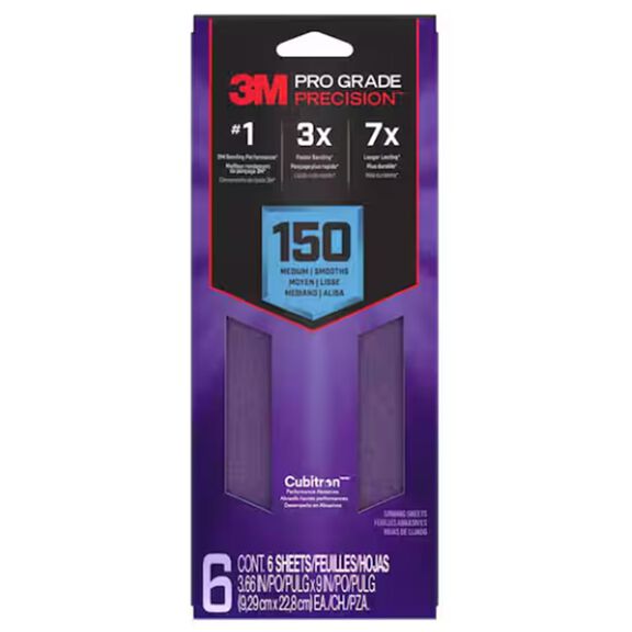 3M Pro Grade Precision Faster Sanding Sheets w/ NO-SLIP GRIP Backing, 3 2/3" x 9", 150 Grit, 6 Shts/pk image number 0
