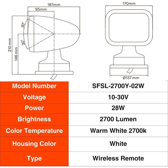 SEAFLO 28W Remote Control LED Searchlight, Warm White, Wireless Remote, White image number 7