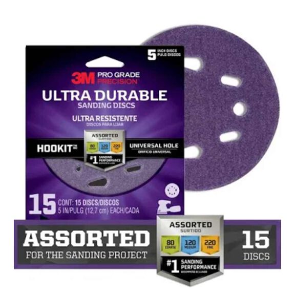 3M Pro Grade Precision Ultra Durable Universal Hole Sanding Disc DUH5ASTTRI-15T, 5"ch UH, Assorted, 15/pack image number 0