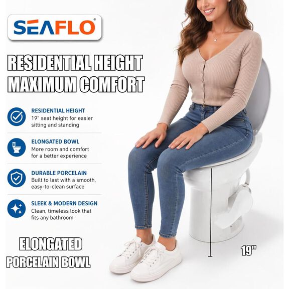 SEAFLO Porcelain RV Toilet Elongated Bowl 19in Residential Height Gravity Foot Pedal Soft Close image number 7