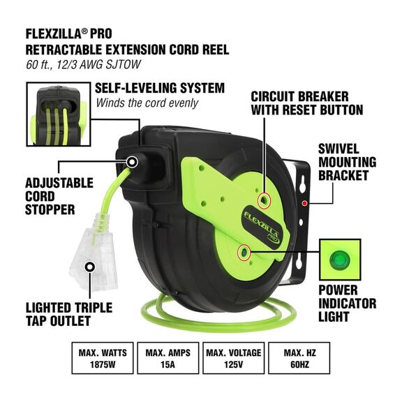 Flexzilla Pro Retractable Extension Cord Reel 12/3 AWG 60' image number 2