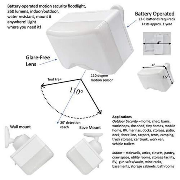 IQ America Battery Operated Indoor/Outdoor LED Motion Security Sensor Flood Light, 350 Lumens image number 1