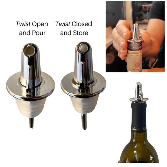 Pouro Wine and Spirits Bottle Pourer Twist to Open and Pour, Twist to Close and Store, 10-Pack, Chrome image number 3