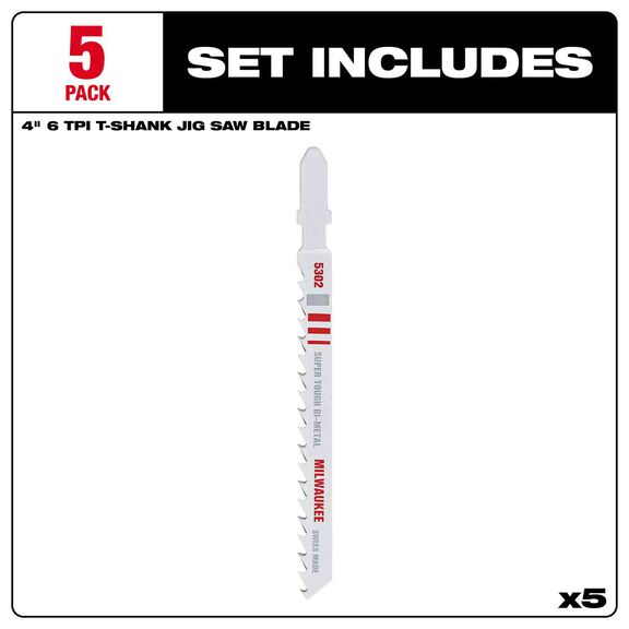 4" 6TPI T-Shank Wood Bi-Metal Jig Saw Blades, 5 Pack image number 2
