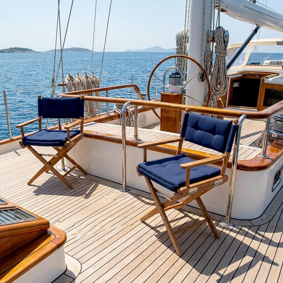 Premium Grade Teak Folding Director's Chair with Navy Sunbrella&reg; Fabric Seat Cushions image number 5