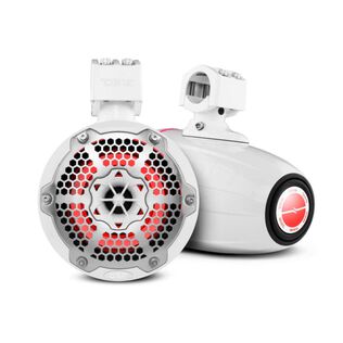 HYDRO 6.5" Neodymium Marine Tower Speakers with Built-in Passive Radiator, 1" Driver and RGB LED Light, 450 Watts, White