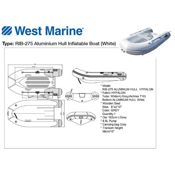 RIB-275 Aluminum Hull Hypalon Inflatable Boat, White image number 1