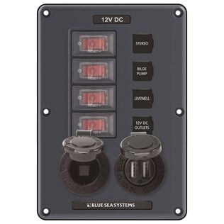 Water-Resistant Circuit Breaker Switch Panel, 4 pos. + 12 Volt Socket & Dual USB Charger