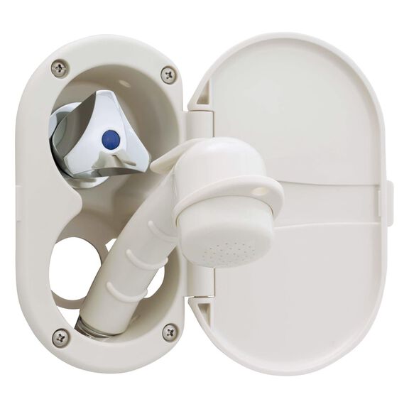 Trinidad Transom Shower Cold Only, Warm White Cup & Lid, Small Warm White Sprayer, 10' White Rubber Hose, Chrome Trinidad Handle image number 2