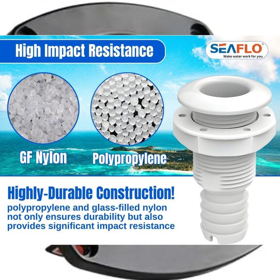SEAFLO 5/8" Thru Hull Fitting with Check Valve, Polypropylene/Nylon, White, 1-Pack image number 4