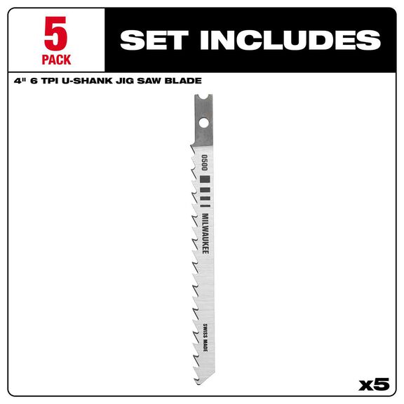 4" 6TPI U-Shank Wood High Carbon Steel Jig Saw Blades, 5 Pack image number 2