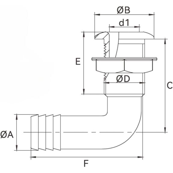 SEAFLO 1-1/8 in Angled Thru Hull Fitting with Built-In Check Valve Stainless Steel Cap image number 3