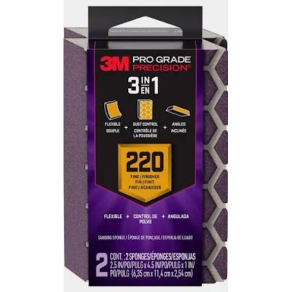3M Pro Grade Precision 3-in-1 Sanding Sponge DCDA220-PGP-1T, 2.5in x 4.5in x 1in, 220 grit, Fine, 12/case image number 0