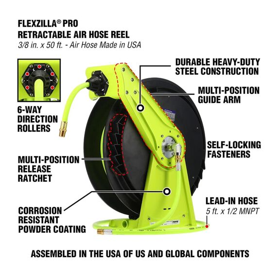 Flexzilla Pro Retractable Air Hose Reel Open Face Single Axle Arm 3/8" 50' image number 2