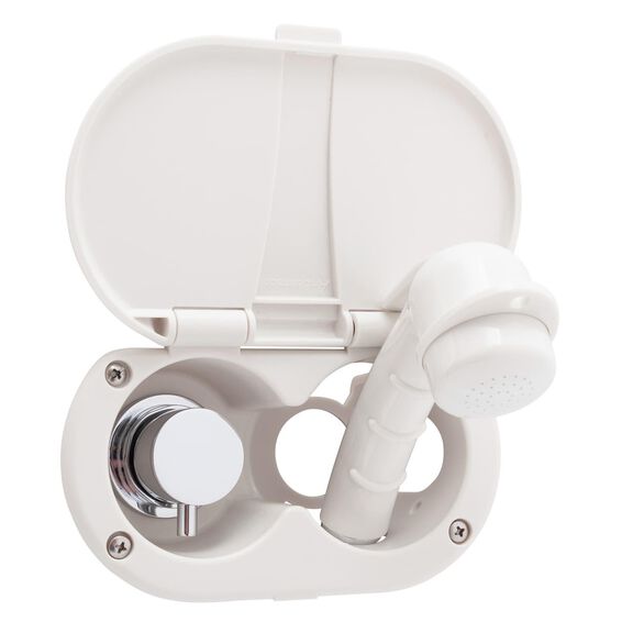 Aidack Transom Shower Hot/Cold Mixer, Warm White Cup & Lid, Small Warm White Sprayer, 6' White Rubber Hose, Chrome Aidack Handle image number 1