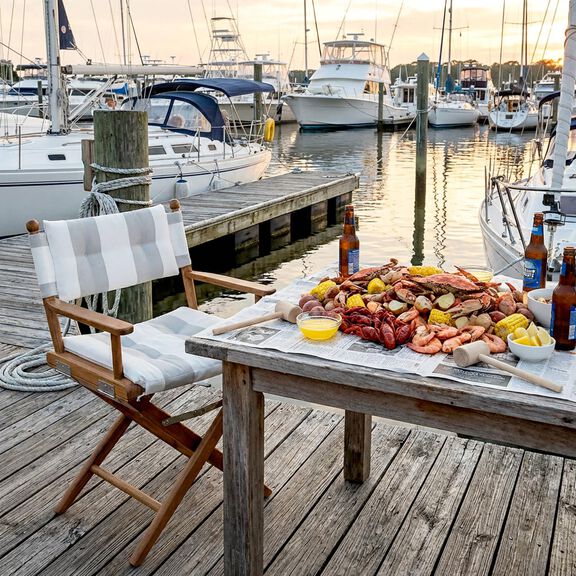 Premium Grade Teak Newport Folding Director's Chair with Solana Seagull Sunbrella&reg; Fabric Seat Cushions image number 4
