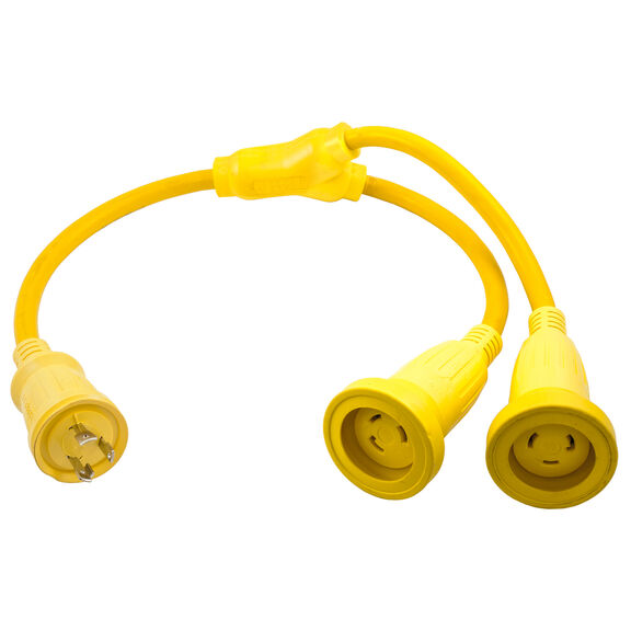 Adapter, Marine Adapter, Molded "Y", 2) 30A 125V Locking Female L5-30R to 30A 125 Locking Male, 2-Pole 3-Wire Grounding, Yellow image number 0