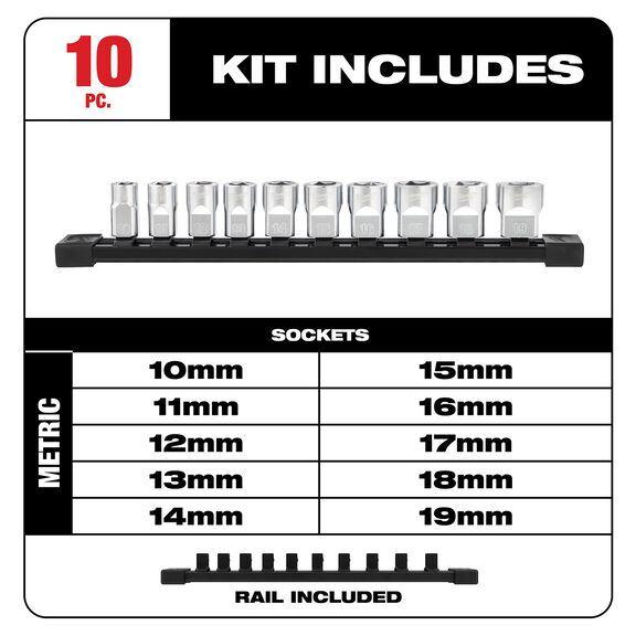 3/8" Metric Sockets with FOUR FLAT&trade; Sides, 10 Piece image number 1