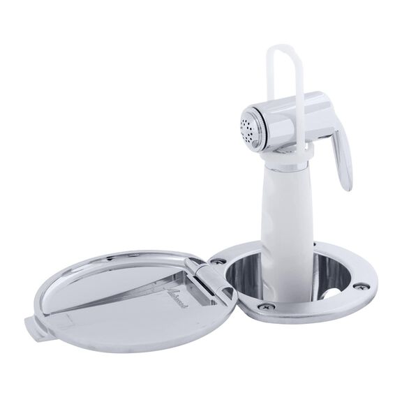 Recessed Shower Chrome Cup & Lid, Hammer-Head Arctic White Sprayer, 6' White Rubber Hose image number 2