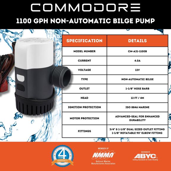 COMMODORE 1100 GPH / 12V A31-Series Non-Automatic Bilge Pump &ndash; Dual-Outlet Compatibility image number 2