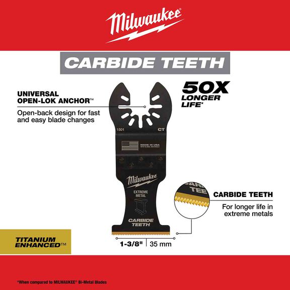 MILWAUKEE&reg; OPEN-LOK&trade; 1-3/8" Carbide Teeth Metal Multi-Tool Blades, 3 Pack image number 1
